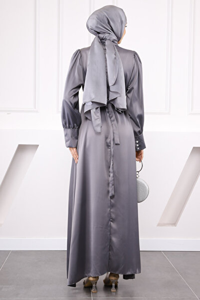 İmajButik Gray Satin Evening Dress with Cufflinks and Belt at Waist