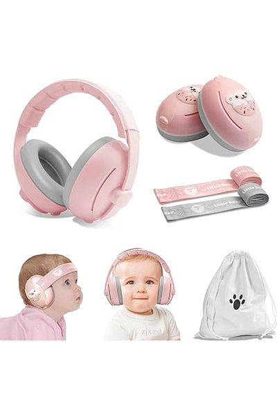 WePro Store Căști 2 în 1 pentru bebeluși 3–48M – Anulare zgomot 25dB, Bandă moale, Roz, Design ursuleț de pluș