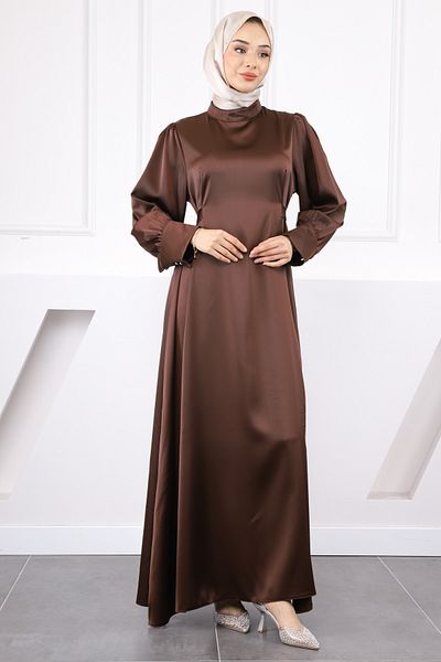 İmajButik Καφέ Σατέν Βραδινό Φόρεμα με Μανικετόκουμπα και Ζώνη στη μέση