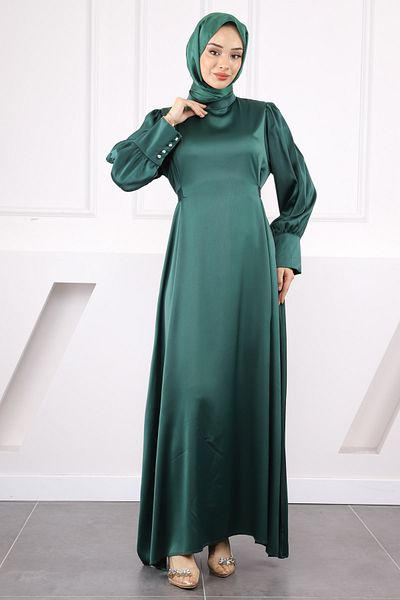 İmajButik Σατέν βραδινό φόρεμα με σμαραγδένιο πράσινο μανικετόκουμπα και ζώνη μέσης