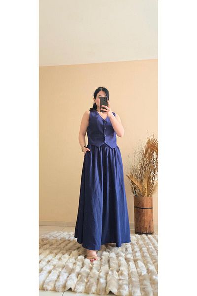 FEMİNEER.com Dark Blue Vest Skirt Set