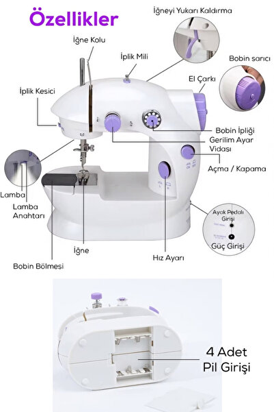 ALFAGİFT Mini Ev Tipi Pedallı Dikiş Makinesi: Çift İplik, Uzatma Masası ve Adaptör ile