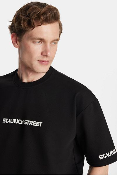 Tudors Ανδρικό μπλουζάκι Oversize Φαρδύ Βαμβακερό εμπριμέ με λαιμόκοψη μαύρο