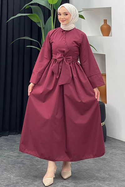 Tesettür Diyarı Women's Tie Detailed Shirt Dress - Burgundy