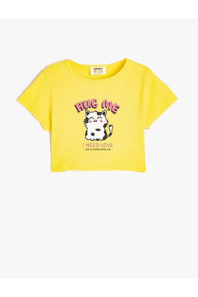 Koton Crew Neck Short Sleeve Kitten Print Yellow Girl's T-Shirt 5Skg10252Ak