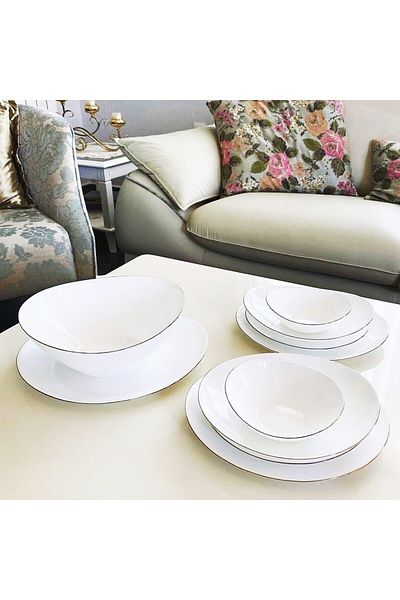 Houzi 18 Pcs Dinner Set Gold line Opal Glassware Microwave Dishwasher Safe