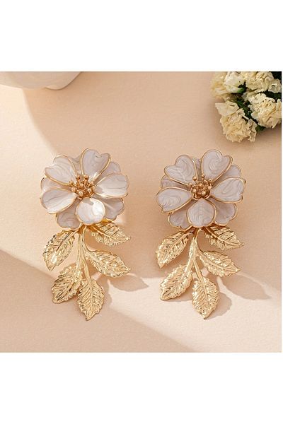 mos&more White Enamel Flower Steel Stylish Women's Earrings, Length:6.5Cm