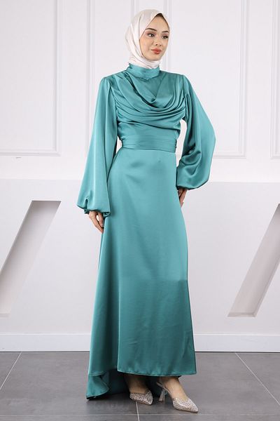 İmajButik Βραδινό φόρεμα με πράσινο μπαλόνι μανίκι σατέν
