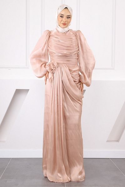 İmajButik Βραδινό φόρεμα με λεπτομέρεια τριαντάφυλλου με ντραπέ μπροστά