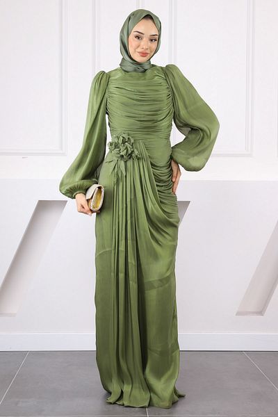 İmajButik Βραδινό φόρεμα Oil Green με μπροστινό ντραπέ τριαντάφυλλο