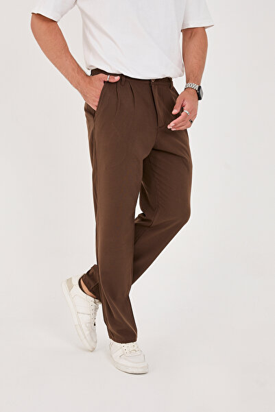 ESSİMA Ανδρικό καφέ φαρδύ ελαστικό παντελόνι με διπλή πλισέ άνετο υφασμάτινο παντελόνι