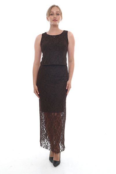 MODAMOR Brown Lace Suit – Top & Skirt Set of Two