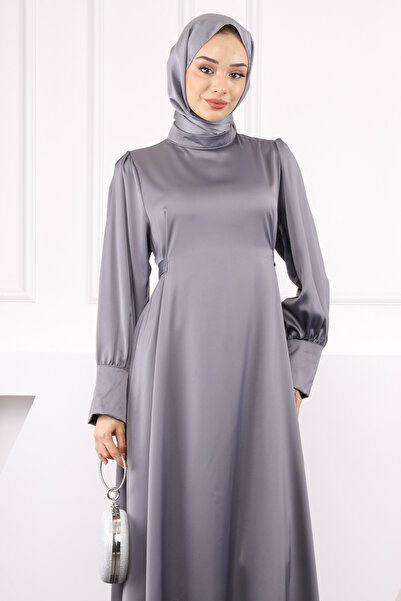 İmajButik Gray Satin Evening Dress with Cufflinks and Belt at Waist