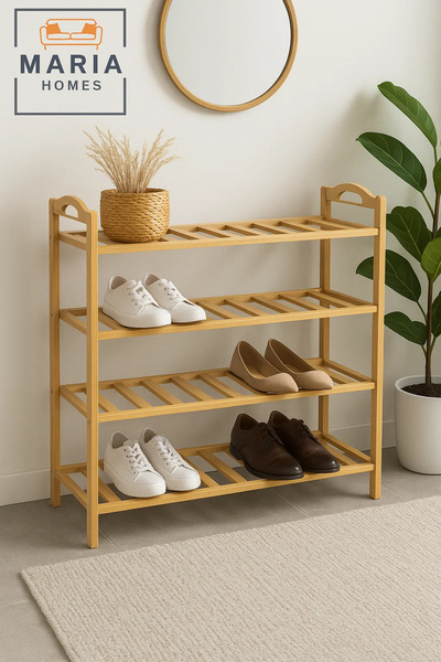 MARIA HOMES رف منظم للأحذية من الخيزران الطبيعي بأربع طبقات للممر أو المدخل أ...