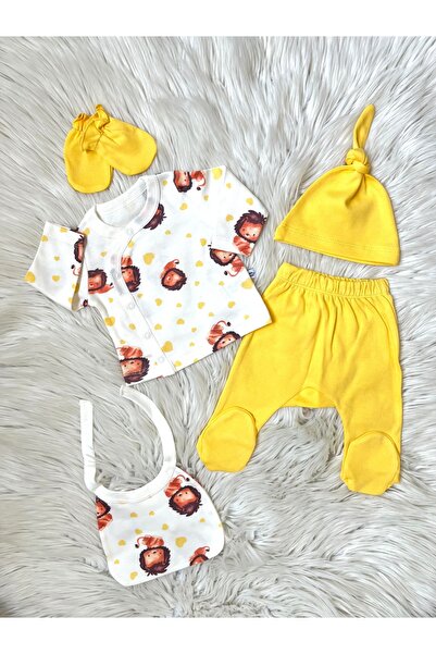 Linda Harris Lion Pattern Sarı 5'li Yenidoğan Bebek Hastane Çıkışı Seti