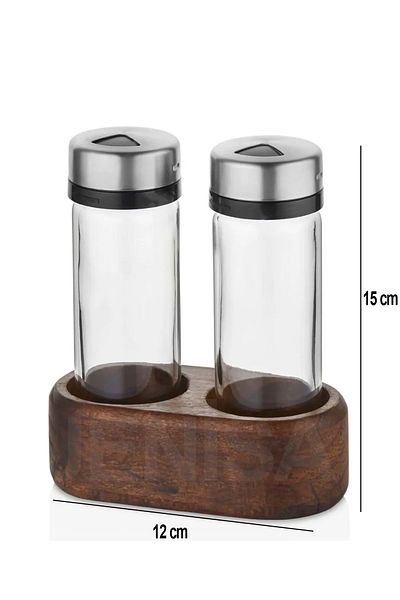 Jenisa Set of 2 Glass Salt and Pepper Shakers with Stainless Lid and Wooden Stand Spice Rack – Wenge Wood Stand