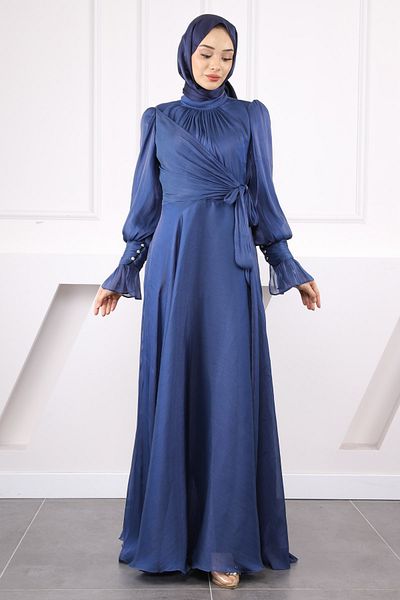 İmajButik Βραδινό φόρεμα με μπλε ναυτικό πλαϊνό δεμένο μανίκι