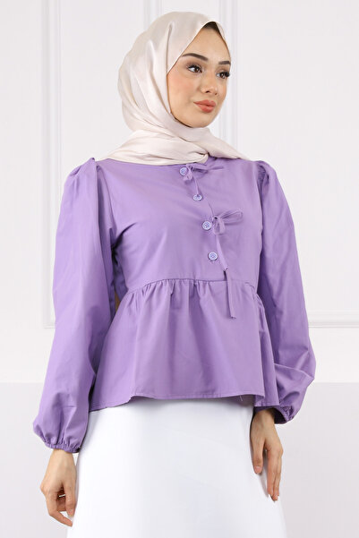 İmajButik Πουκάμισο ποπλίνα με λαστιχένιο μανίκι λιλά