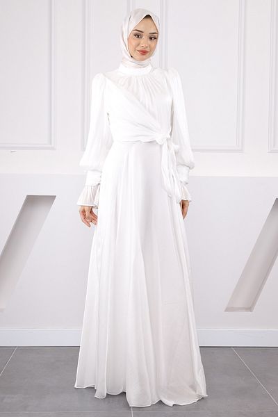 İmajButik Ecru Side Tie Sleeve Detailed Evening Dress