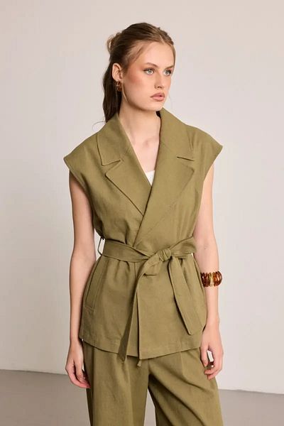 Gusto Linen Vest with Belt - Khaki