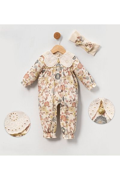 Bulut Baby Gold Style Flowers Patterned Fishtail Collar Detailed Snap Closure Bandana Baby Romper