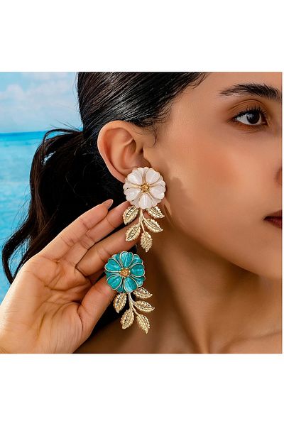 mos&more White Enamel Flower Steel Stylish Women's Earrings, Length:6.5Cm