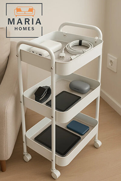 MARIA HOMES 3-Tier White Rolling Kitchen Cart Organizer – Utility Storage Rack for Oils, Spices & Tea Supplies