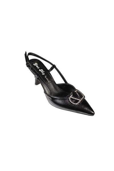Yaz Kış Ayakkabı Yazkiş Women's Black and White Patent Leather V-Buckle Front Pointed Open Back 8cm Goblet Heel Steletto Shoes