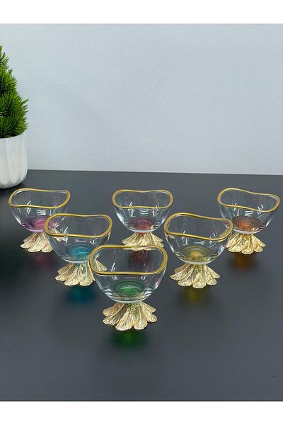 YzHome 6-Person Glass Gold Metal Leg Gilded Coffee Side Turkish Delight Sauce Bowl