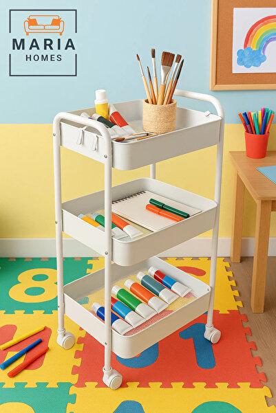 MARIA HOMES 3-Tier White Rolling Kitchen Cart Organizer – Utility Storage Rack for Oils, Spices & Tea Supplies