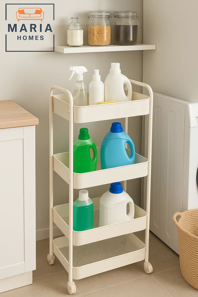 MARIA HOMES 4-Tier White Rolling Kitchen Storage Cart – Organizer for Spices, Jars, Fruits & Pantry Essentials