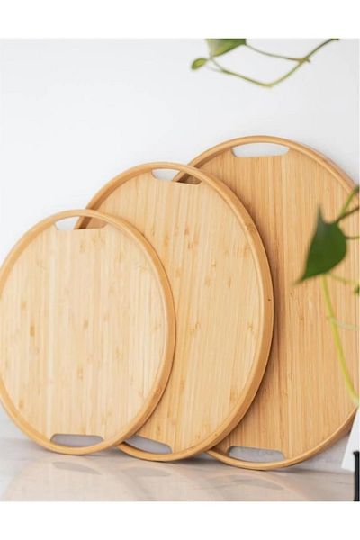 ROYALGROSS Natural Bamboo Round Serving Tray - Set of 3