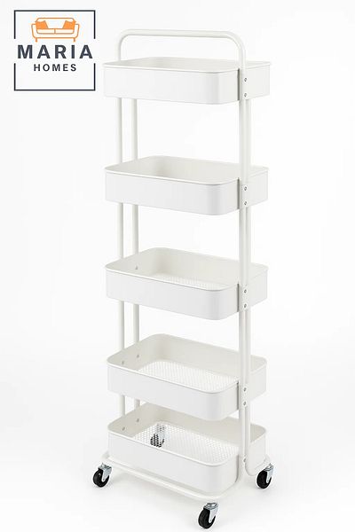 MARIA HOMES 5-Tier Rolling Storage Cart – White Metal Wheels for Home, Office, Kitchen Use