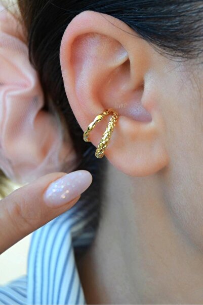 Sacce Scarves&Accessories İki Sıralı Earcuff | Deliksiz Antik Kıkırdak Küpesi | Rodyum Kaplama Şık Model