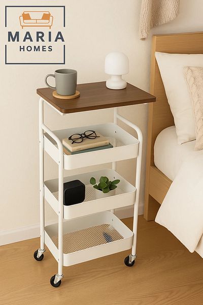 MARIA HOMES 3-Tier Bedside Storage Cart with Wooden Top – Rolling Organizer for Bedroom or Living Room