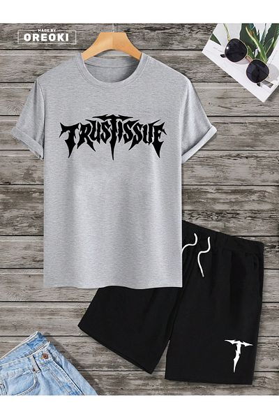 EFFRENATU Trust Problem Printed Cotton Fabric Men's Gray T-Shirt-Black Shorts Set