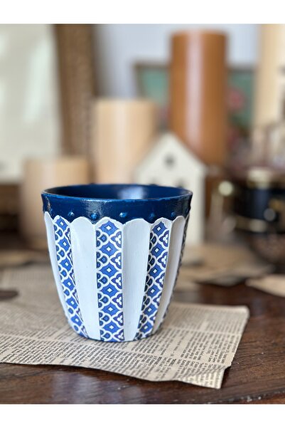Handmadesign El yapımı seramik saksı lacivert mavi beyaz Bodrum yaz esintili blueblanc tarzı vazo dekoratif
