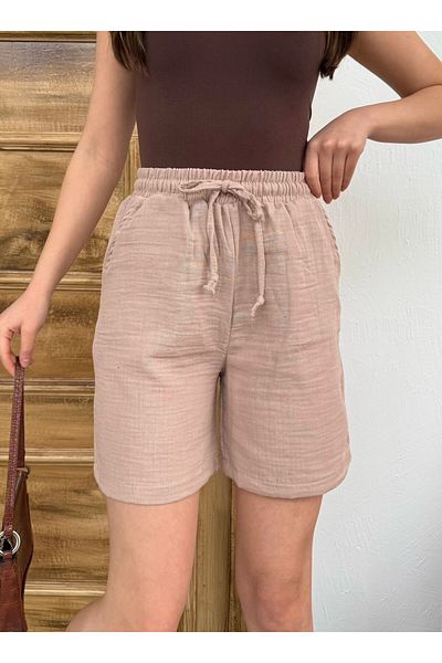 MyRia Pantaloni scurți de damă din muselină cu buzunare și talie elastică