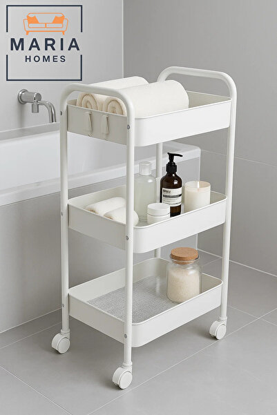 MARIA HOMES 3-Tier White Rolling Kitchen Cart Organizer – Utility Storage Rack for Oils, Spices & Tea Supplies