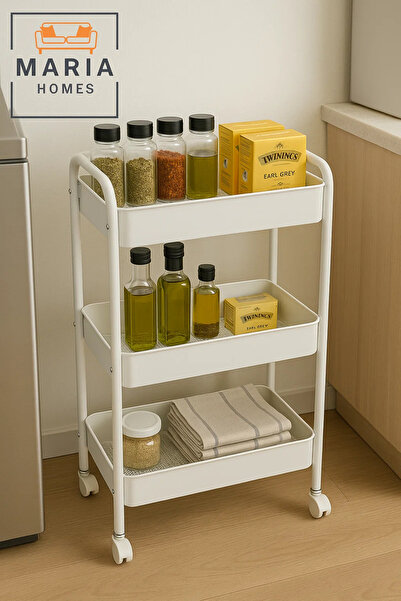 MARIA HOMES 3-Tier White Rolling Kitchen Cart Organizer – Utility Storage Rack for Oils, Spices & Tea Supplies