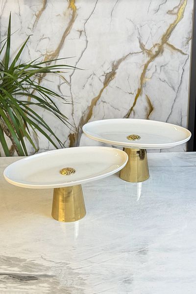 MAY HOME Set of 2 Porcelain Gold Metal Leg Boat Appetizer Plate & Oval Food Presentation Serving (Washable)