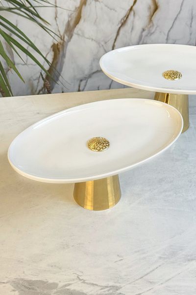 MAY HOME Set of 2 Porcelain Gold Metal Leg Boat Appetizer Plate & Oval Food Presentation Serving (Washable)