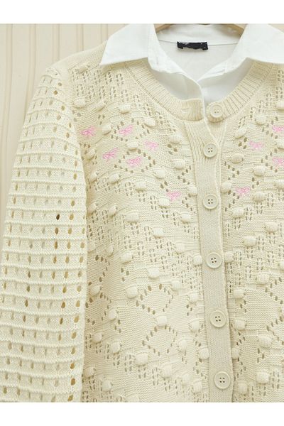 Modamorfo Pompom Button Ribbon Embroidered Openwork Knitwear Cardigan - Cream