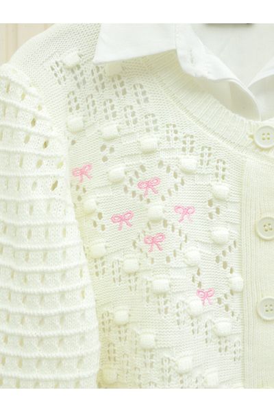 Modamorfo Pompom Buttoned Ribbon Embroidered Openwork Knitwear Cardigan -White