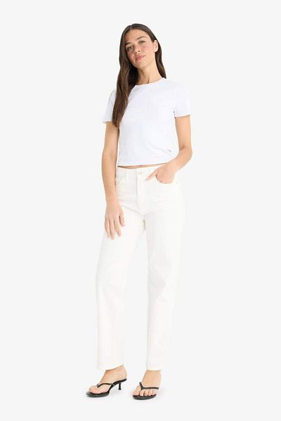 DeFacto Νέα σεζόν Comfort Straight Normal Waist Μήκος Καρπού Λευκό Jean Παντελόνι