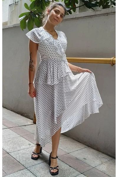 DenizEge Dots Chiffon Ruffle Dress White