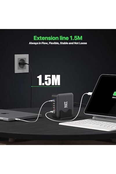 Generic Brand Stație de alimentare G-B36 cu 6 porturi, 220W, USB + Tip-C, Adaptor + Cablu pentru priză UE, Negru