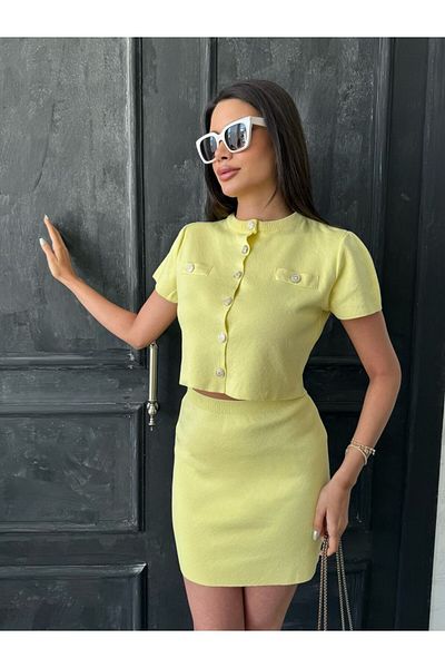 Lusin Women's Lemon Yellow Button Detailed Cardigan Skirt Double Summer Suit S/M