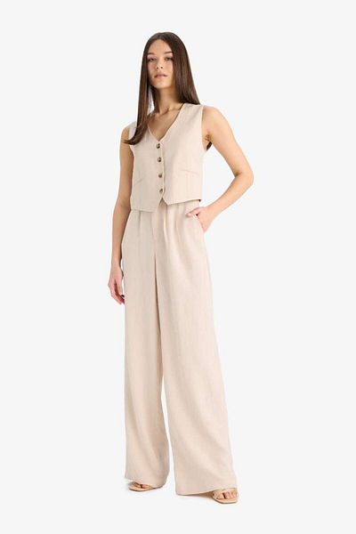 DeFacto New Season Wide Leg Linen Blended Trousers Regular Waist Wide Leg Pocket Zippered