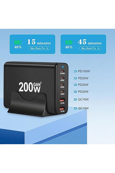 REDz Accessories G-B36 Power Station with 6 Ports, 200W, USB + Type-C, Adapter + EU Plug Cable, Black